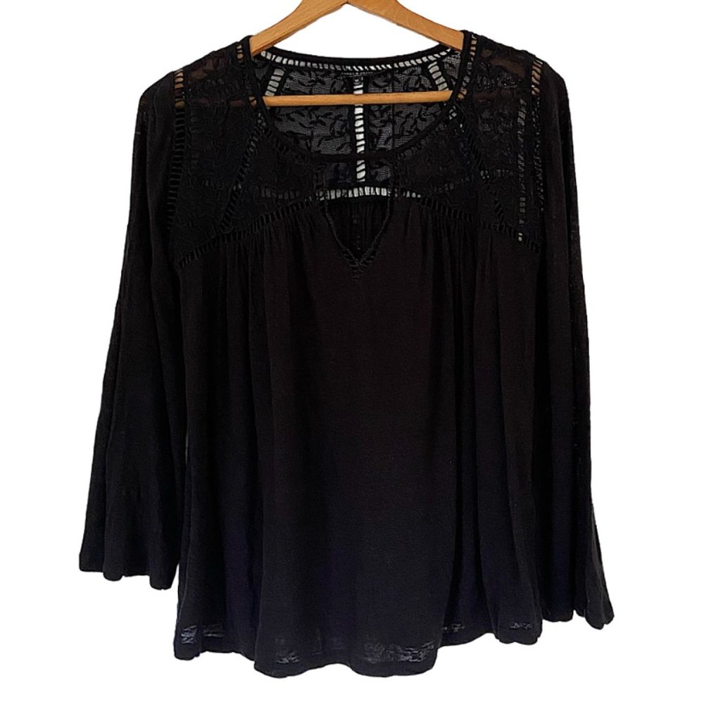 {Lucky Brand} Black Long Sleeve Shirt with Flare Sleeves and Lace Design - M